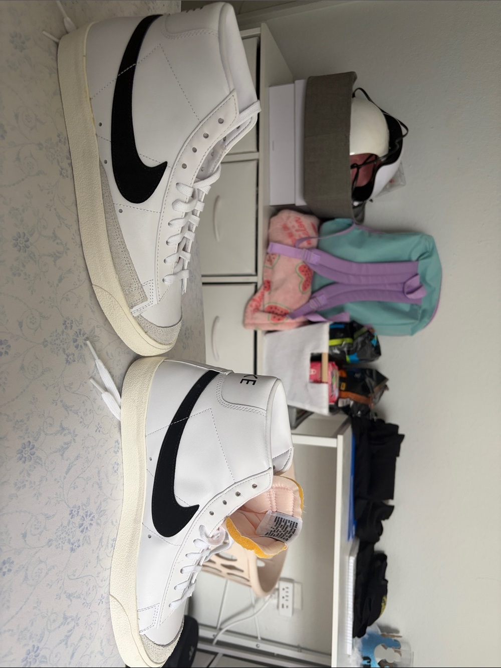 Nike White and Black High-Top Sneakers with Pale Pink Tongue